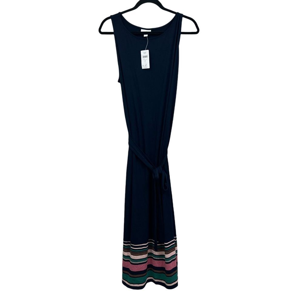 J. Jill Petite Women Maxi Tank Dress Stretch Belted Tie Waist Navy Rose Size Lp*